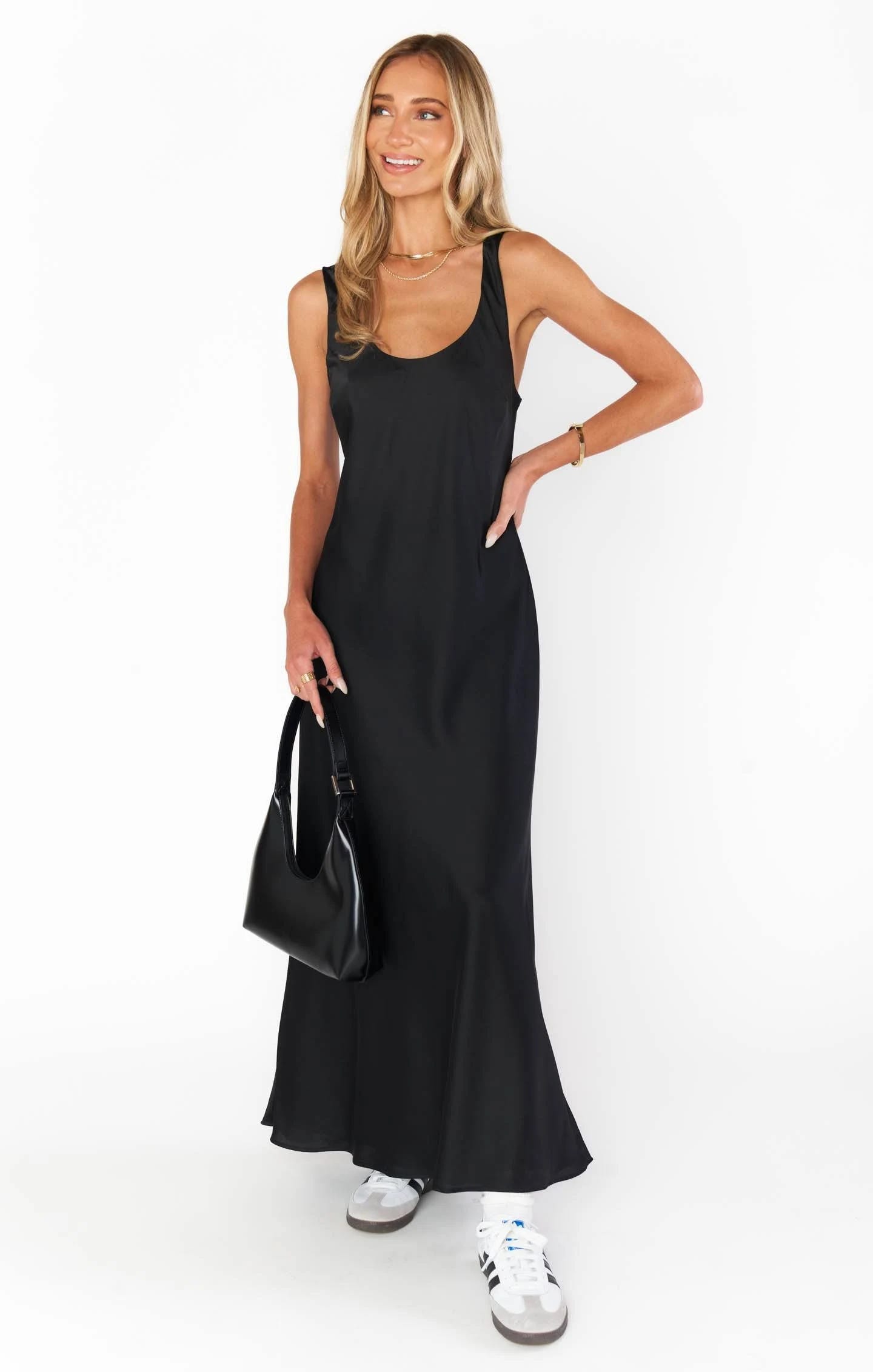 Elegant Black Satin Maxi Slip Dress | Image