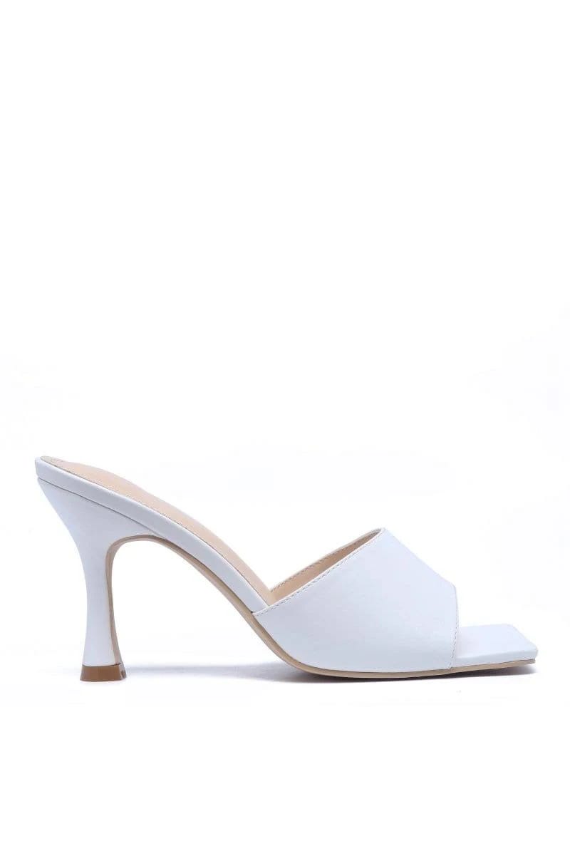 Stylish Square Toe Mule Heels in White - Versatile Slip-On Shoes | Image