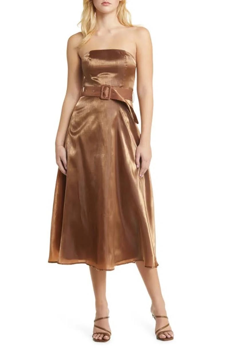 Impressively Stylish, Shiny Brown Belted Midi Dress for Cocktails | Image