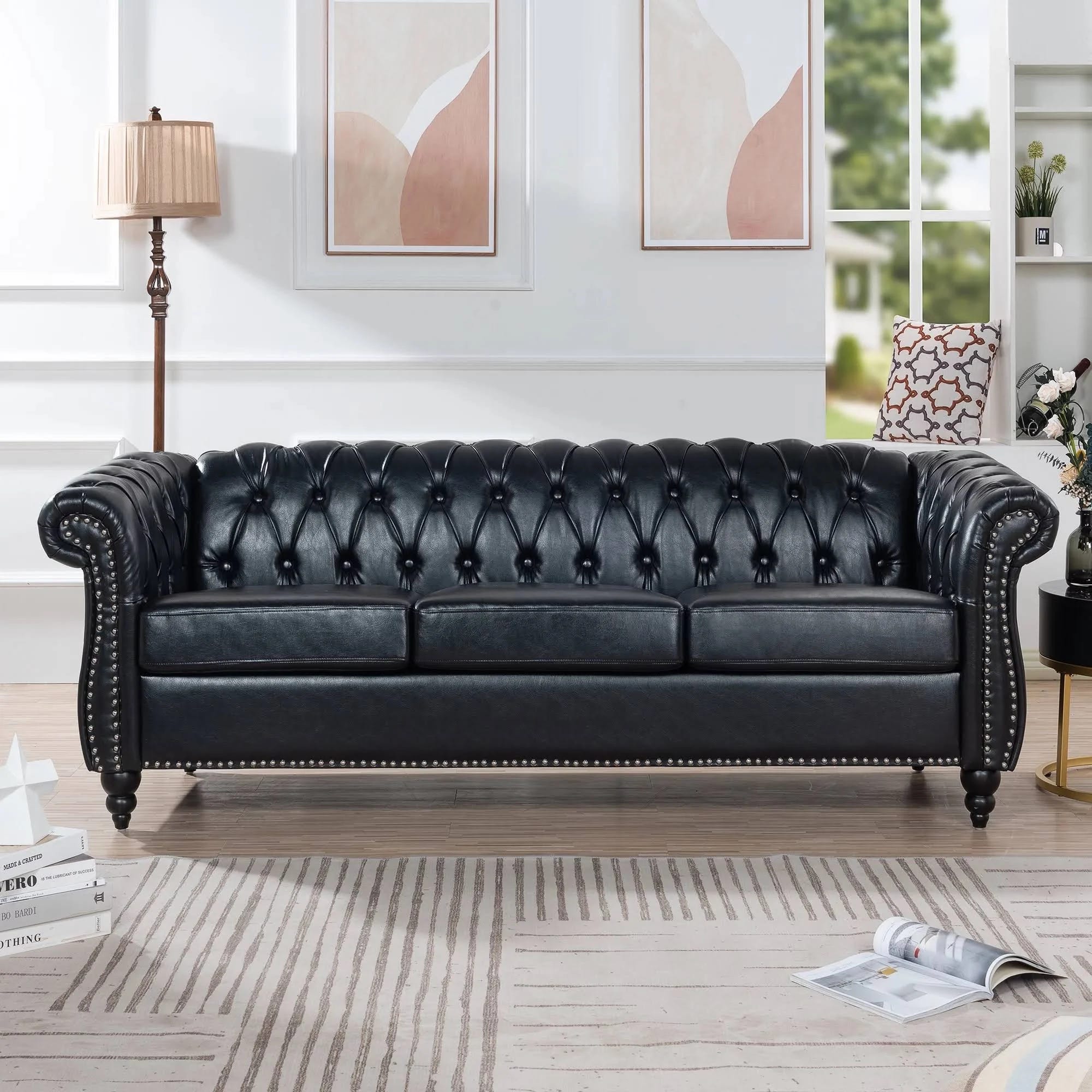 Elegant Tufted Rolled Arm Leather Sofa | Image