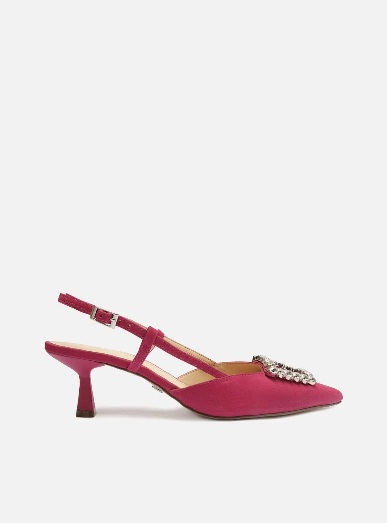 Pink Nubuck Pointed Toe Pumps with Rhinestone Buckle | Image