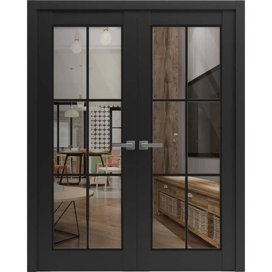 solid-french-double-doors-lucia-2366-matte-black-clear-glass-wood-solid-panel-frame-trims-closet-bed-1