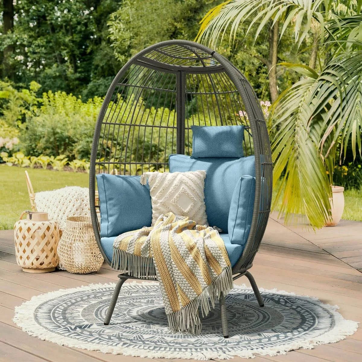 Outdoor Wicker Egg Chair Oversized Lounger with Stand and SteelBlue Cushions | Image