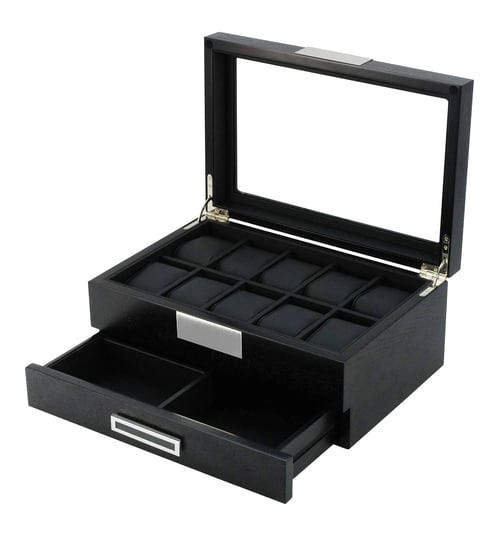 arolly-black-wood-watch-storage-box-organizer-with-valet-drawer-1