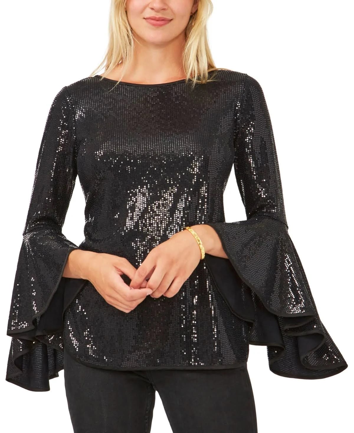 Black Sequin Bell Sleeve Top with Bateau Neckline | Image