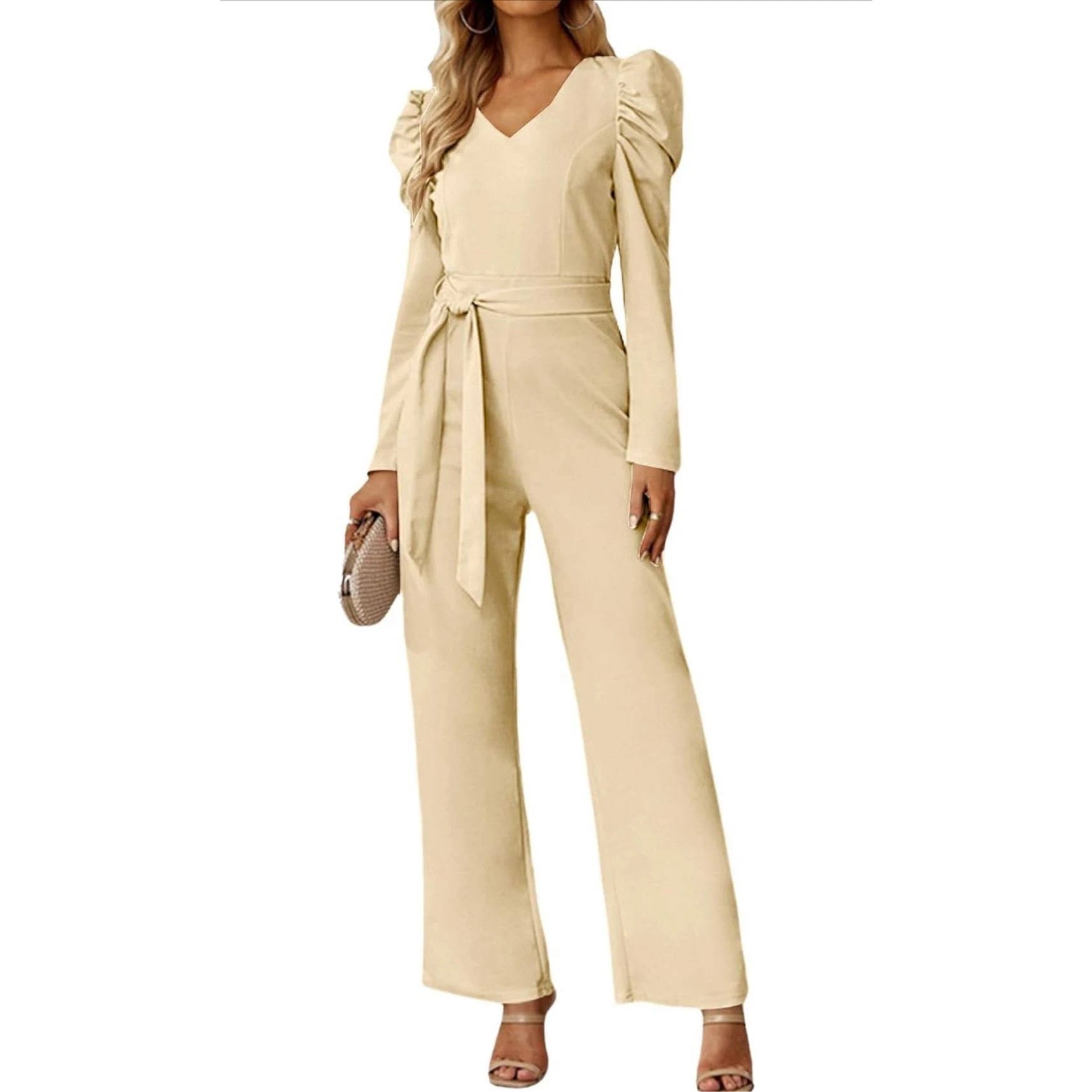V-Neck Formal Cream Jumpsuit with Ruffle Sleeves | Image
