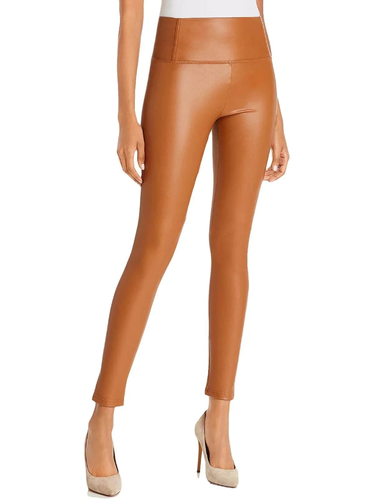 Comfy High-Waisted Vegan Leather Leggings in Cognac | Image