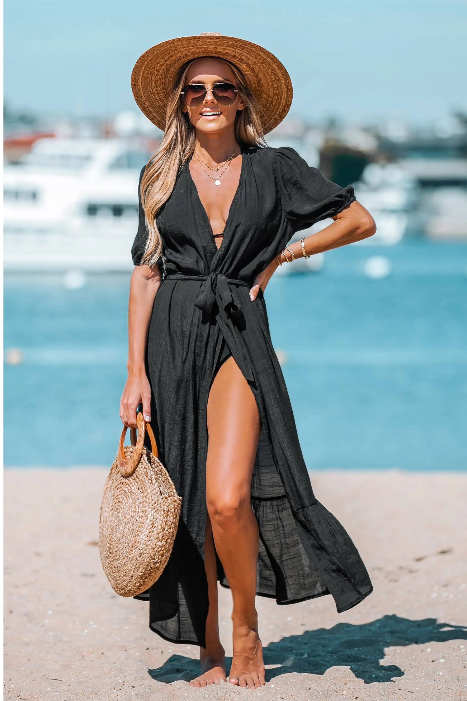 Open-Front Beach Cover-Up Duster Kimono in Black - Size L | Image