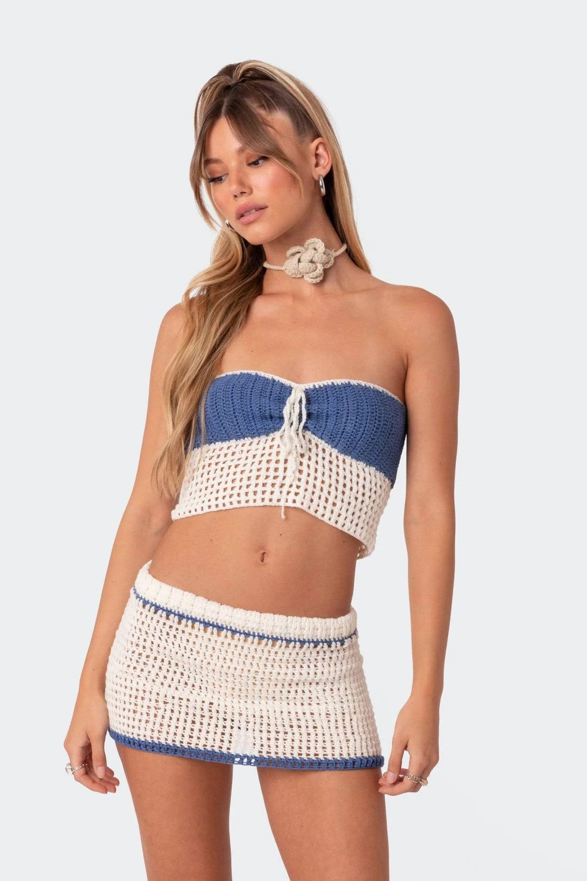 Blue-And-Cream Strapless Cover-Up Crop Top | Image