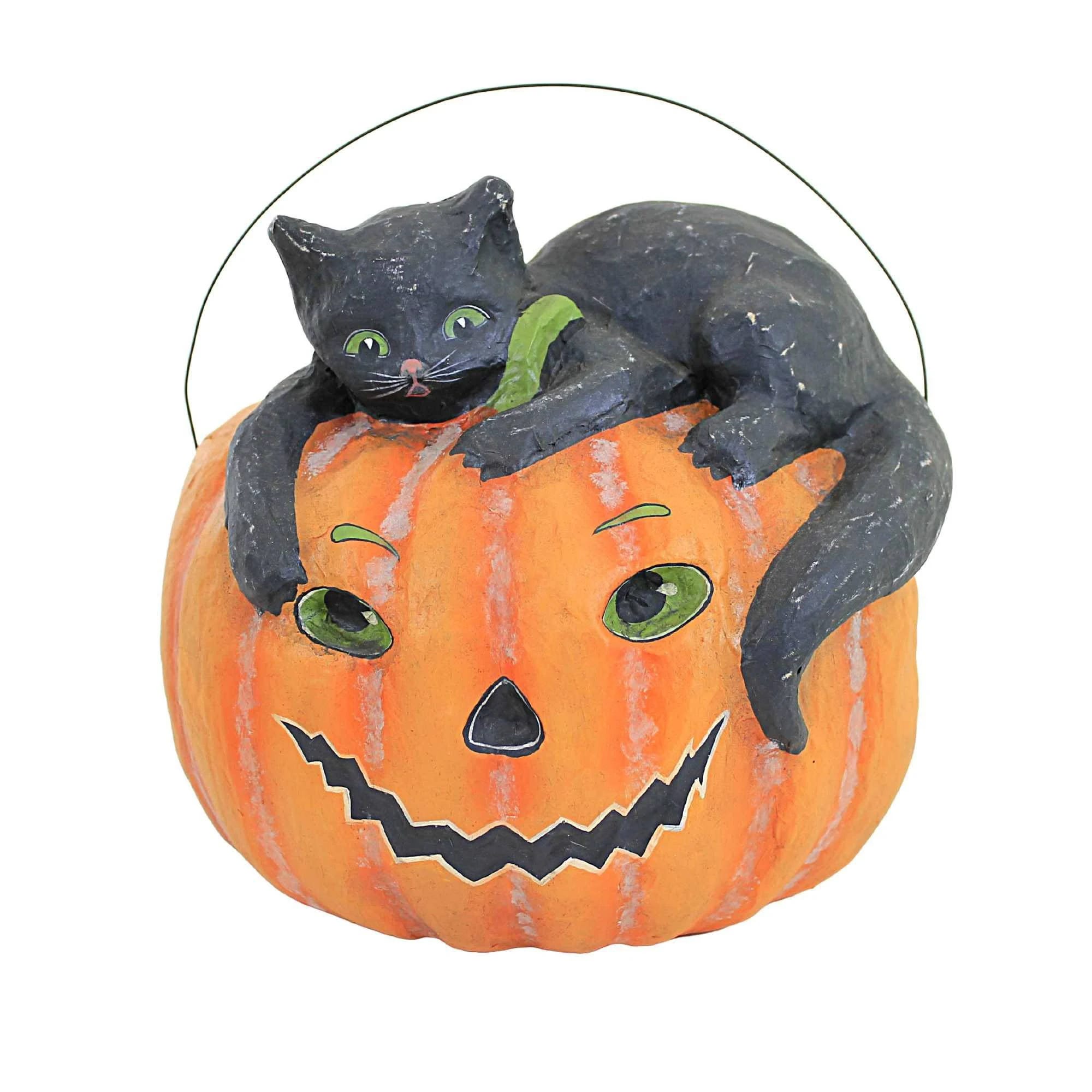 Vintage Halloween Black Cat with Pumpkin Bucket Paper Mache Jack O'Lantern | Image