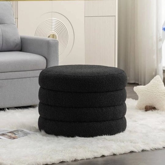 boucle-fabric-storage-round-ottoman-footstool-with-wooden-shelving-black-1