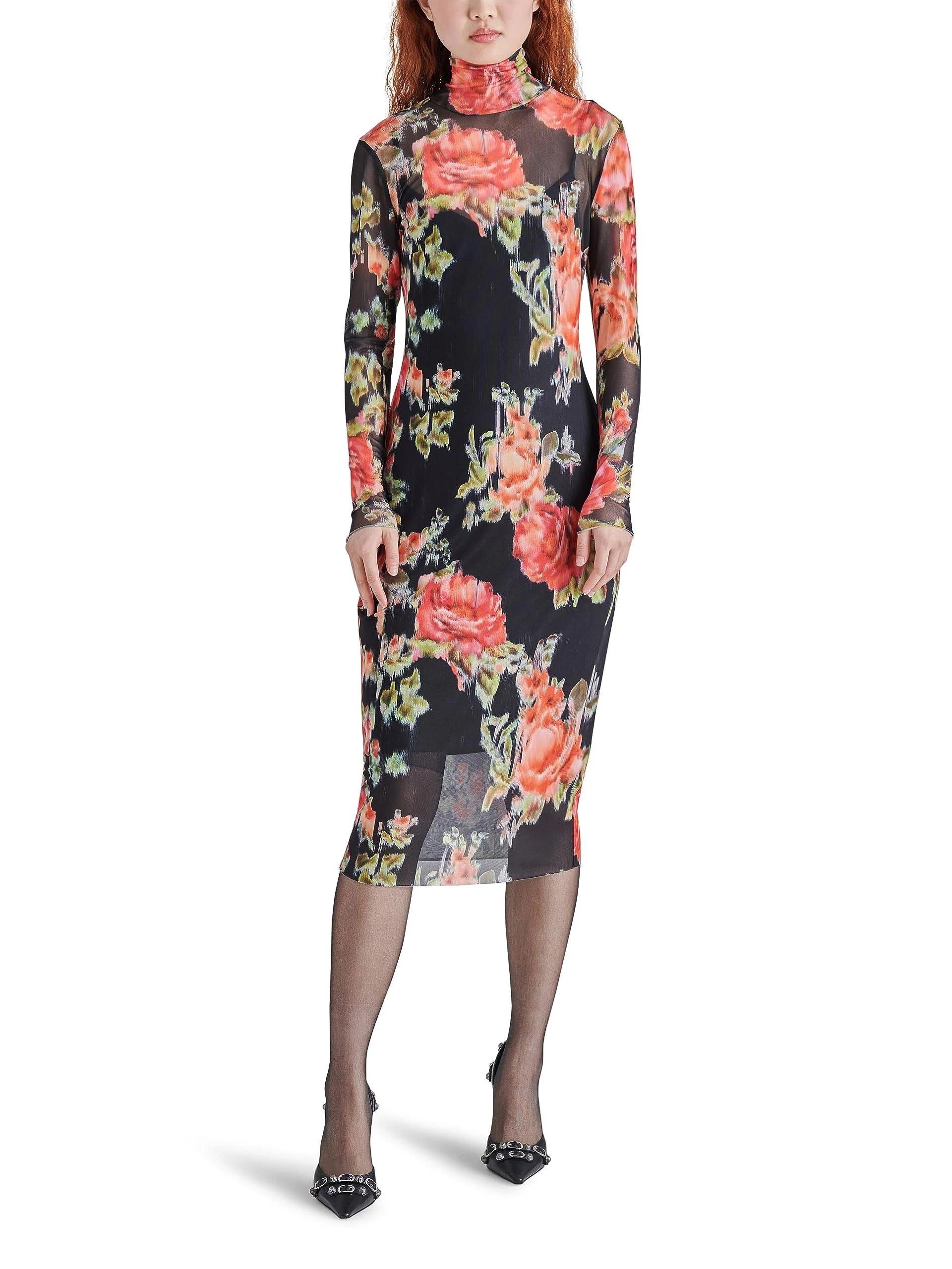 Elegant Floral Midi Dress with High Neckline and Long Sleeves | Image
