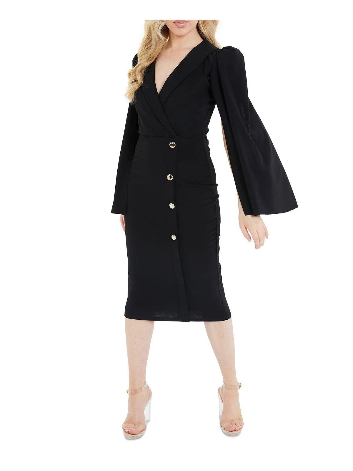 Elegant Black Cape Midi Sheath Dress with Unique Sleeves | Image