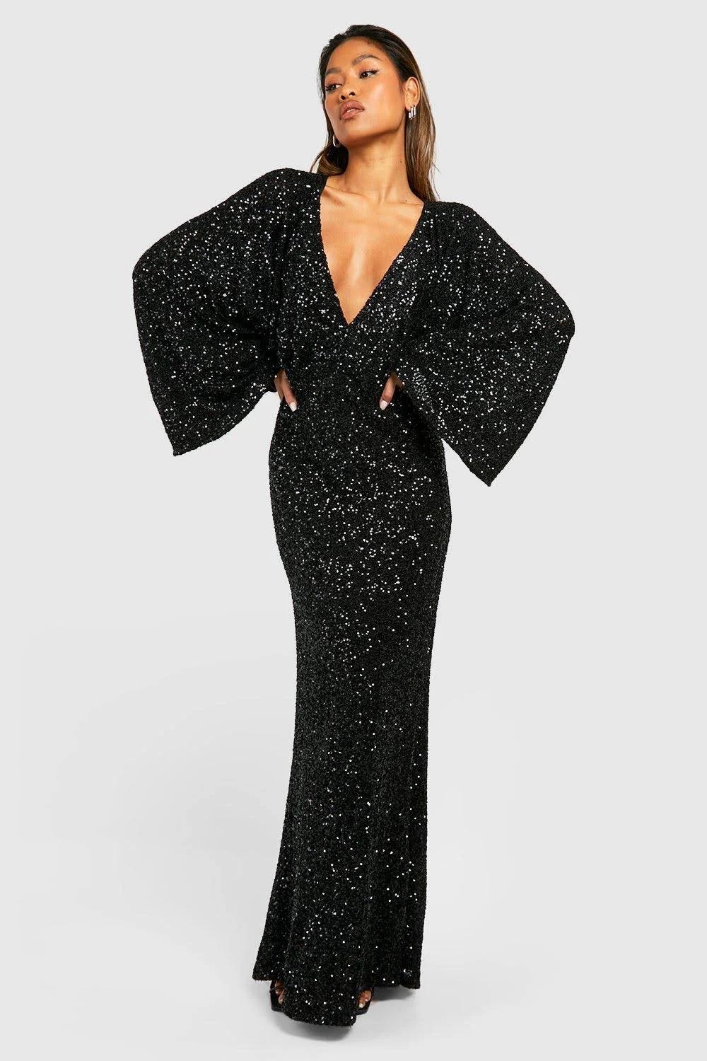 Black Sequin Maxi Dress with Angel Sleeves | Image