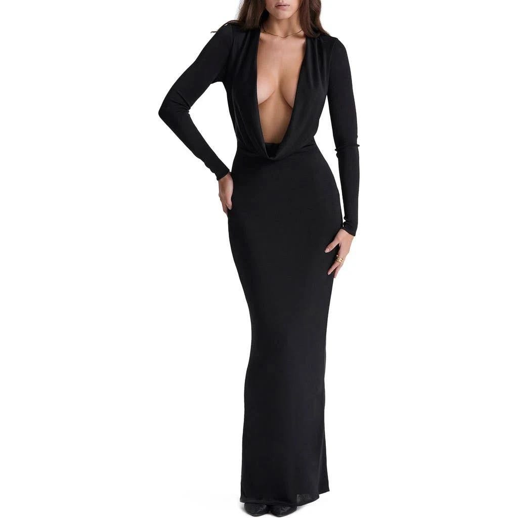 Stylish, Plunge Long-Sleeve Black Gown by House of CB | Image