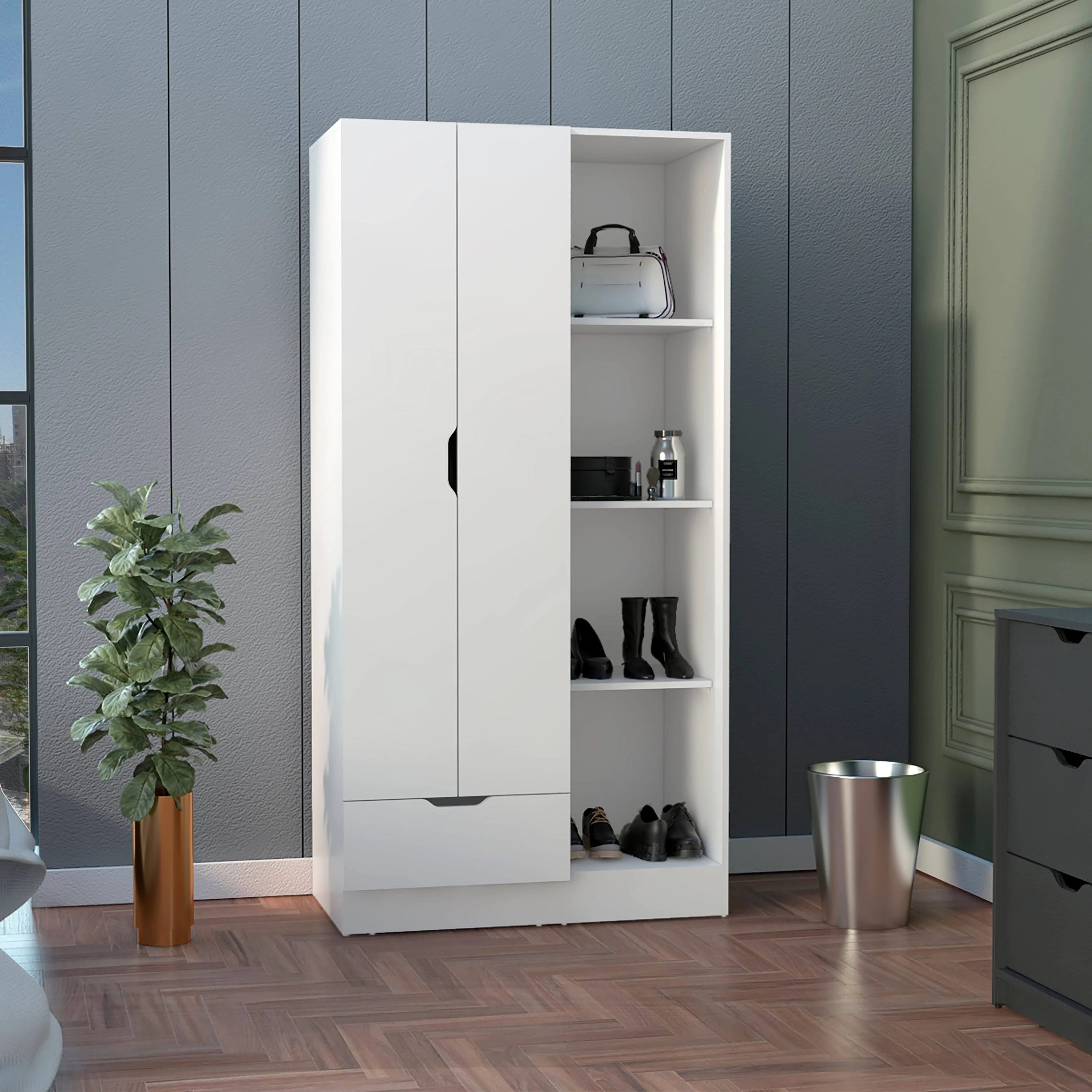 Chic White Armoire with 4-Tier Shelves and 1 Drawer | Image