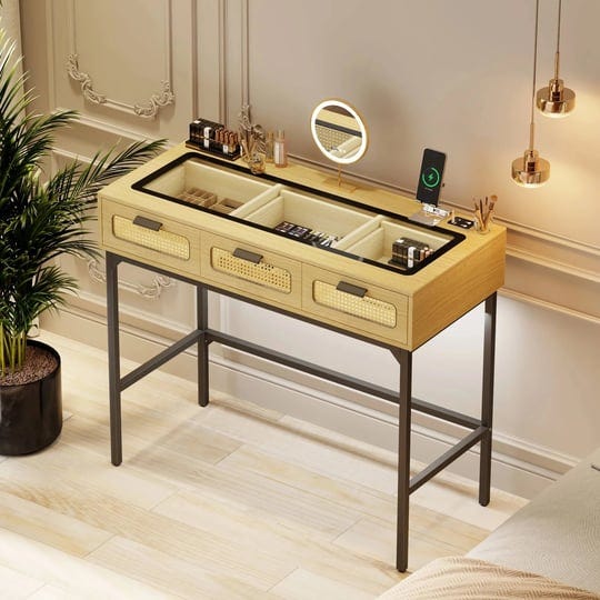 fredees-makeup-vanity-desk-with-3-color-led-lights-glass-top-design-charging-station-rustic-brown-1