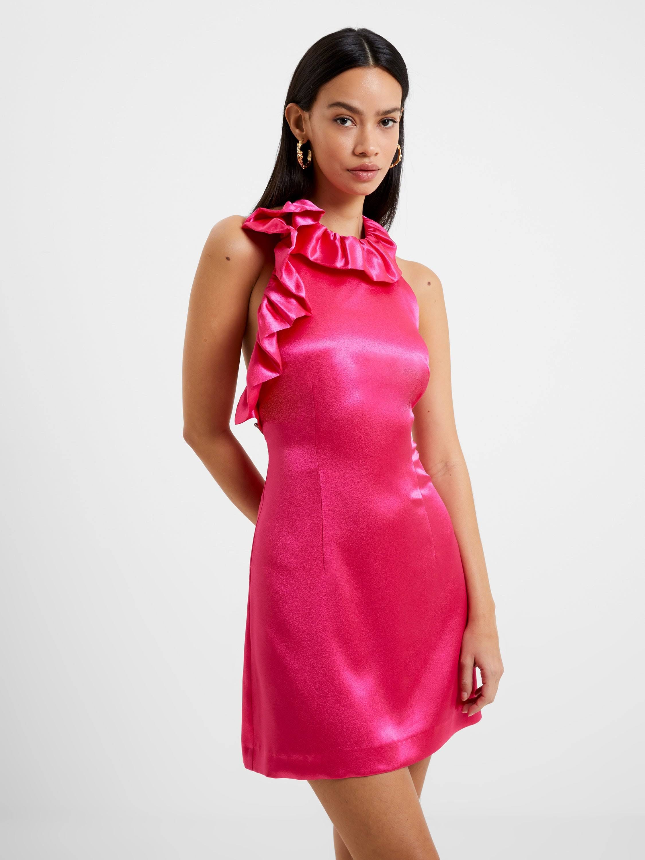 Adorable Pink Satin Mini Dress for Festive Occasions | Image