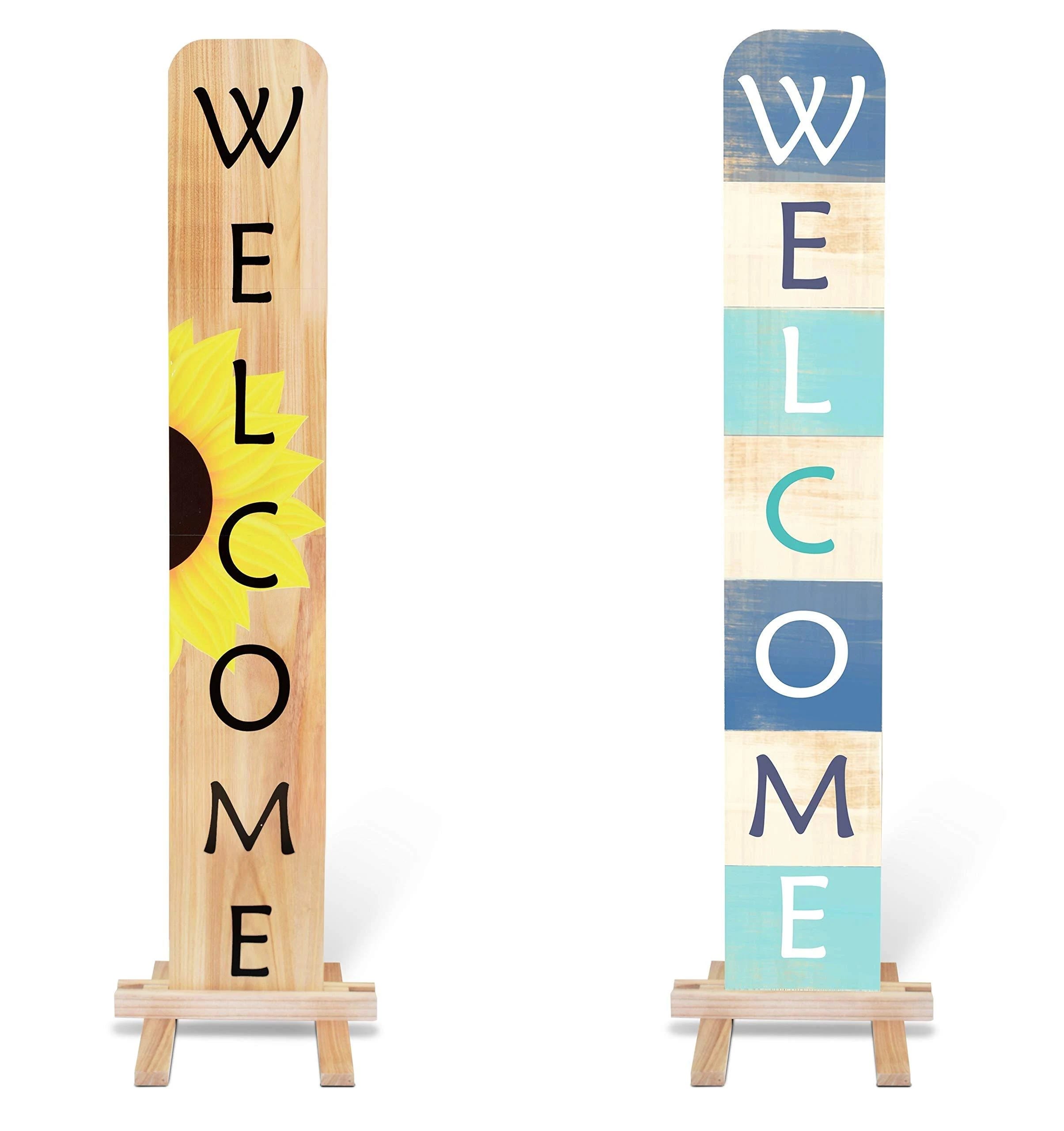 Outdoor Rustic Double-Sided Welcome Sign with Wooden Stand | Image