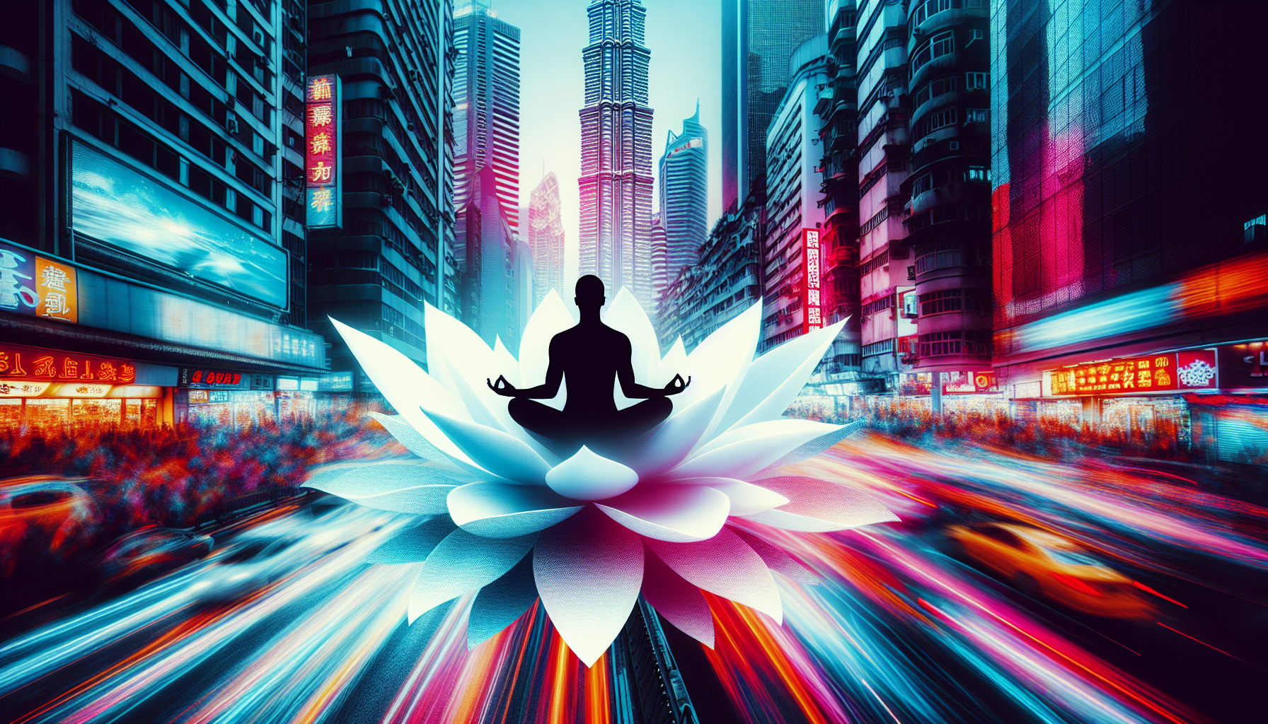A silhouette meditating peacefully on a blooming lotus flower, surrounded by the chaos of city life.