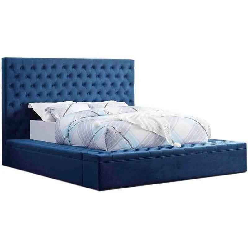 Stylish Blue Velvet Platform King Bed with Storage | Image