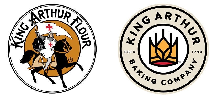 King Arthur Baking Company’s old knight logo and new wheat crown logo side-by-side.