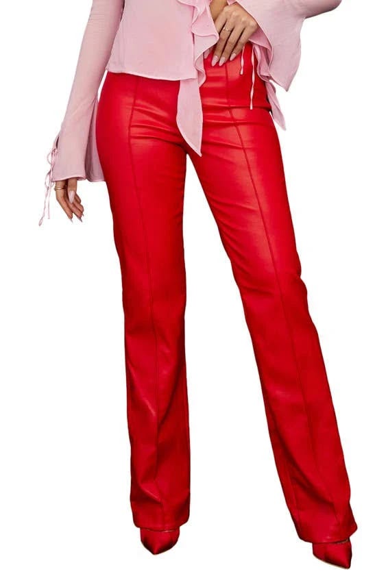 Faux Leather High-Waisted Trousers in Scarlet | Image
