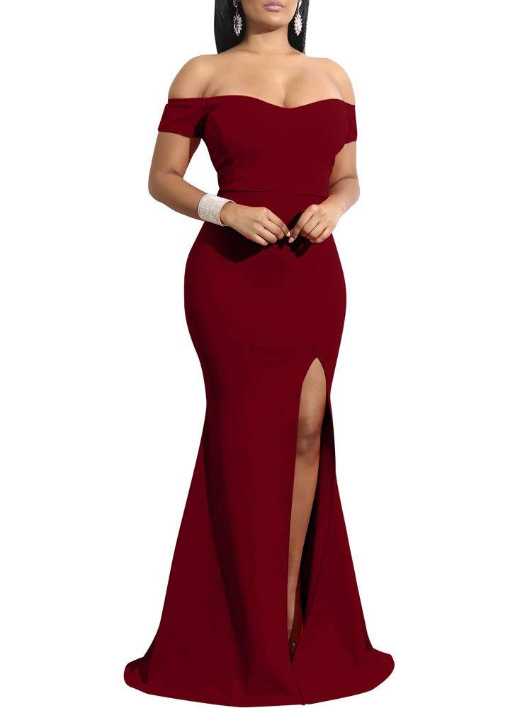 YMDUCH Women's Off Shoulder High Split, Long Formal Evening Gown in Wine Red - Stylish, Comfortable Prom Dress | Image