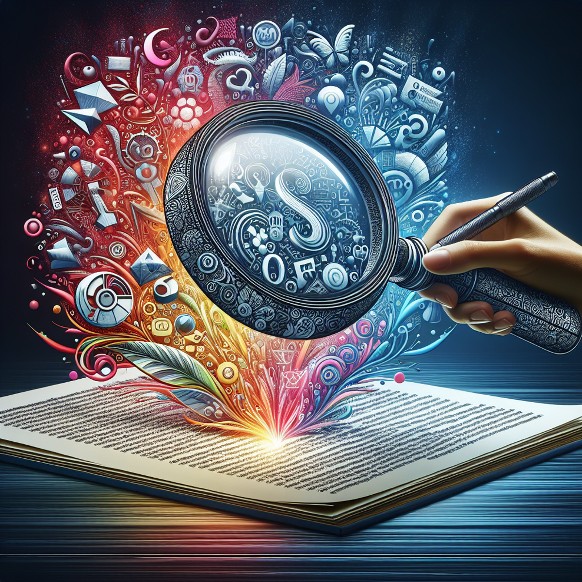 A colorful, detailed magnifying glass hovers over a document, emitting various symbols and shapes representing product keywords and features.