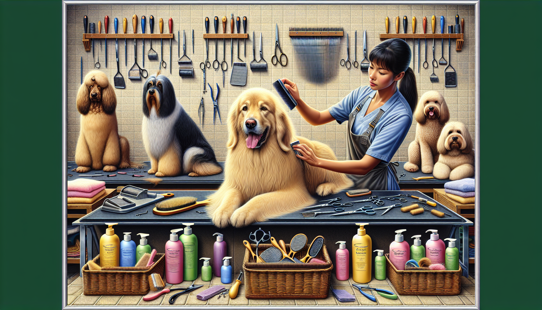 Create an image of a serene grooming scene featuring a variety of long hair dog breeds being pampered. The scene should include detailed elements like a person using a high-quality brush on a dog’s coat, a variety of grooming tools neatly arranged, and a bath setup with gentle, dog-friendly shampoos. Emphasize the care and attention given to preventing matting and detangling fur.