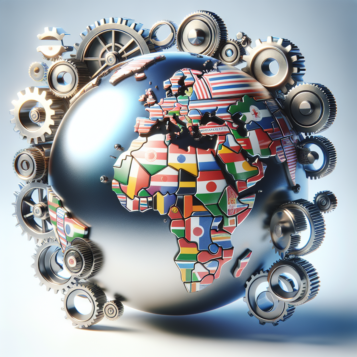A 3D globe with colorful patterns surrounded by metallic gears.