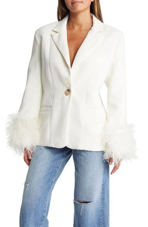 Oversized White Blazer with Feather Trim | Image