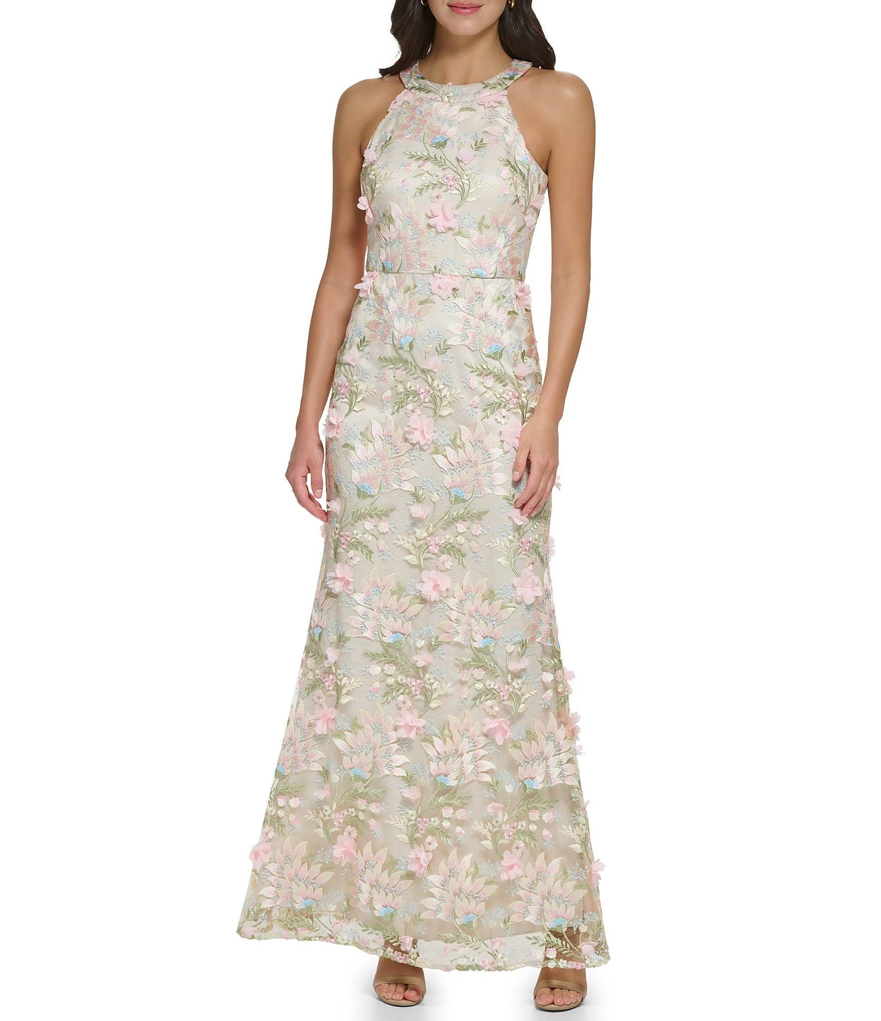 Elegant Halter Dress with 3D Floral Embroidery | Image
