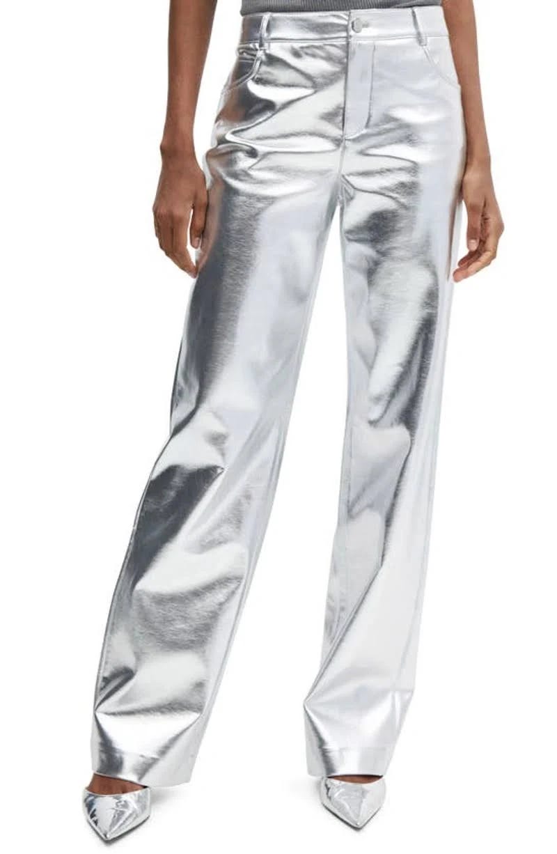 Metallic Silver Wide-Leg Foil Trousers | Image
