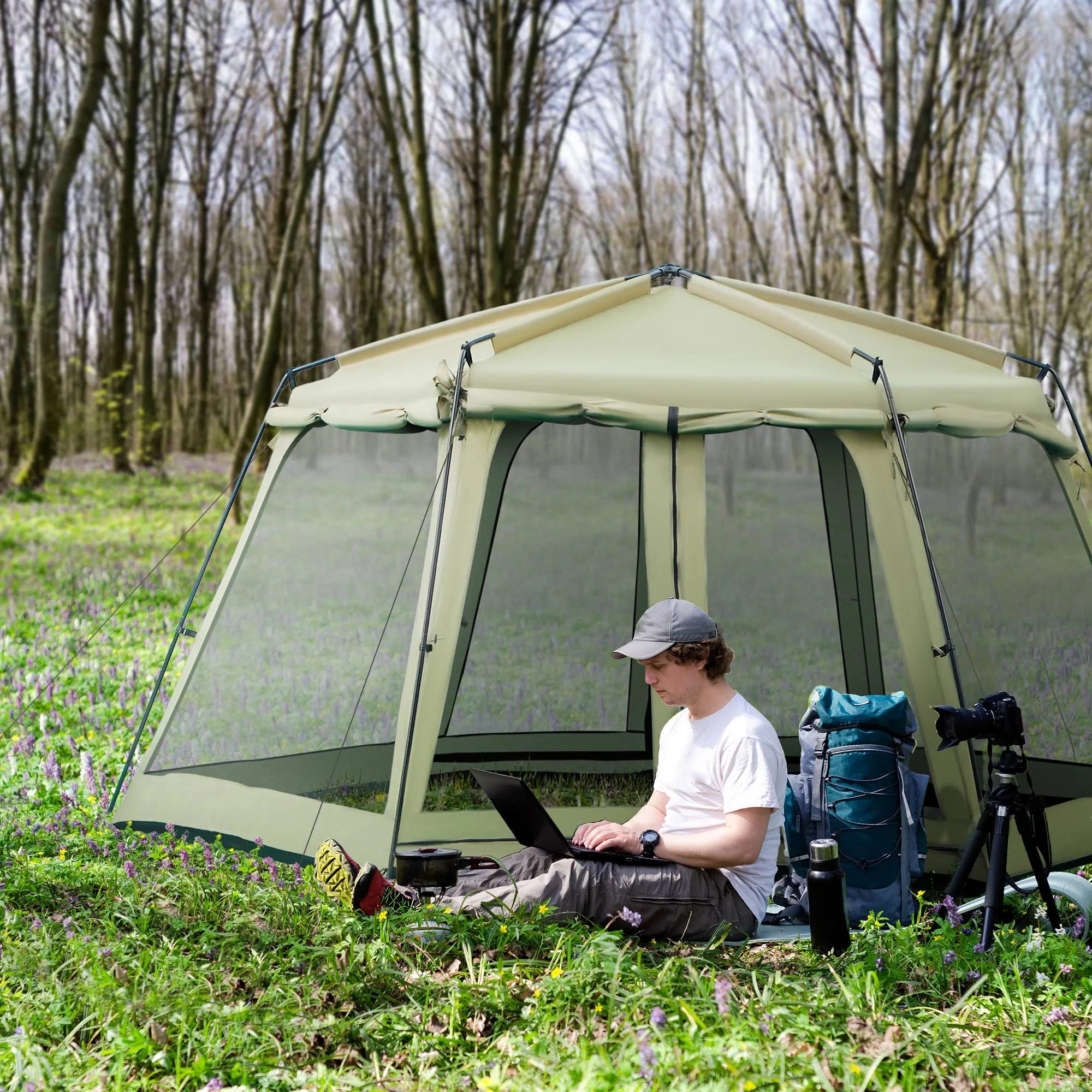 Outsunny Army Green 8-10 Person Hexagon Camping Tent | Image