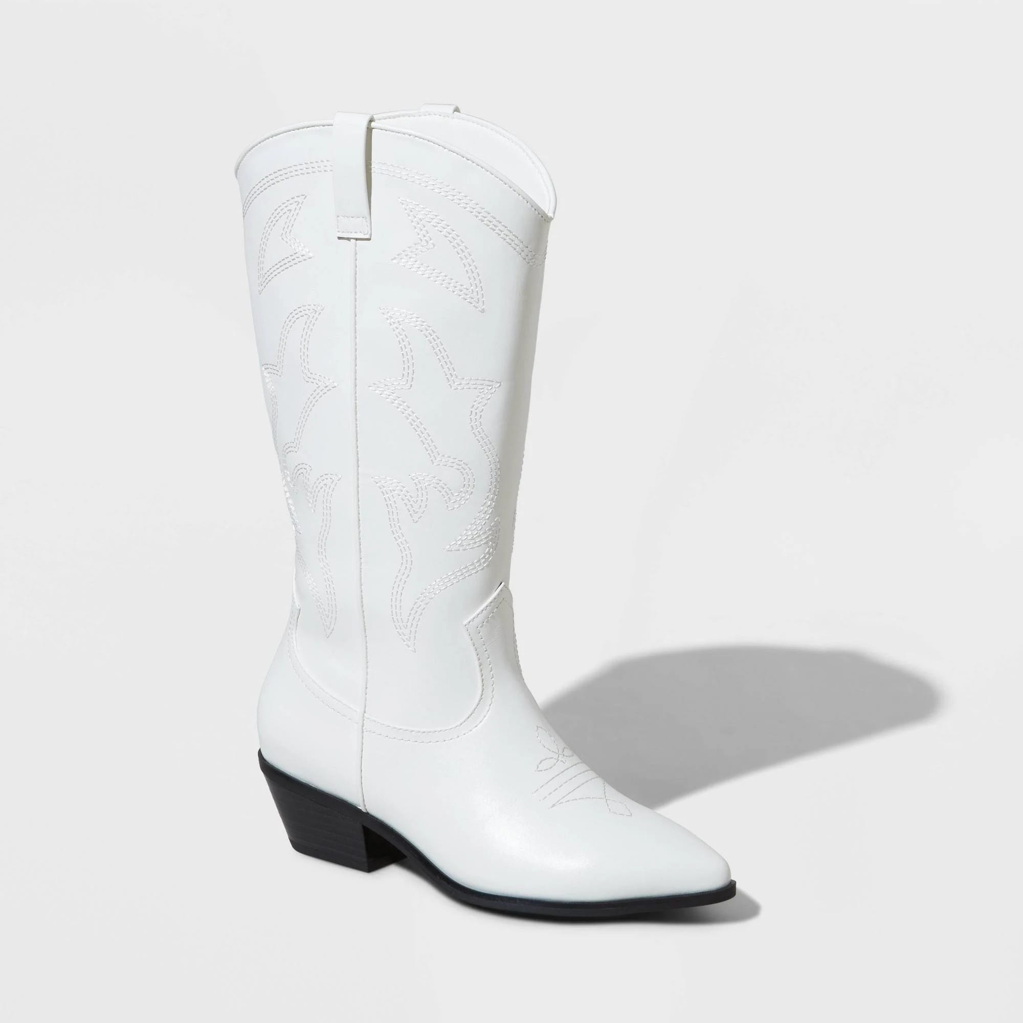 Wild Fable White Cowgirl Boots: Faux-Leather Look with Pointy Closed Toe and Mid-Calf Height | Image