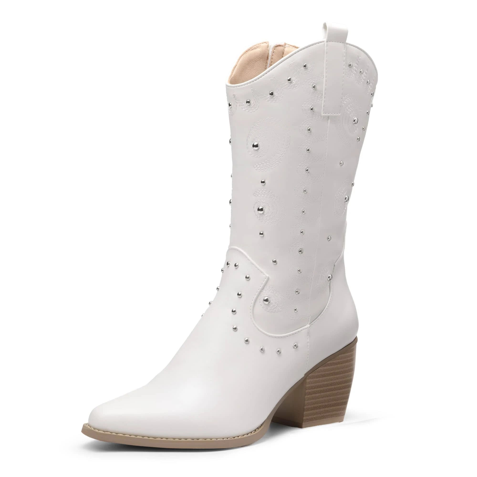 Stylish White Western Mid Calf Cowboy Boots with PU Shaft and Block Heel | Image