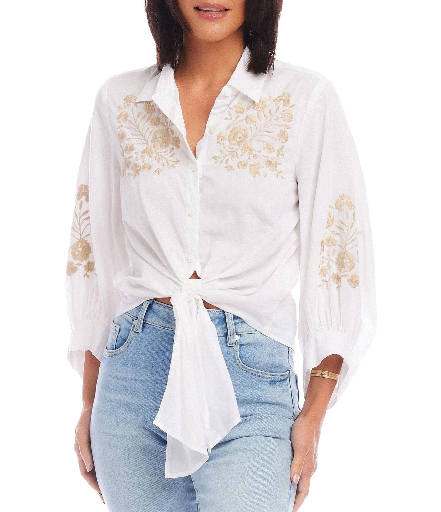 Embroidered Tie Front Blouse in White (Size XL) | Image