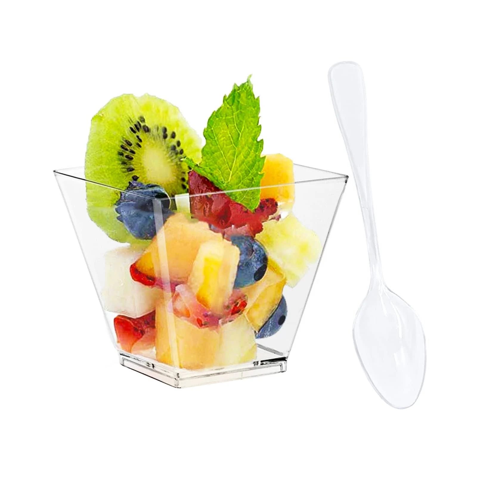 100 Piece Clear Square Plastic Dessert Cups with Spoons | Image