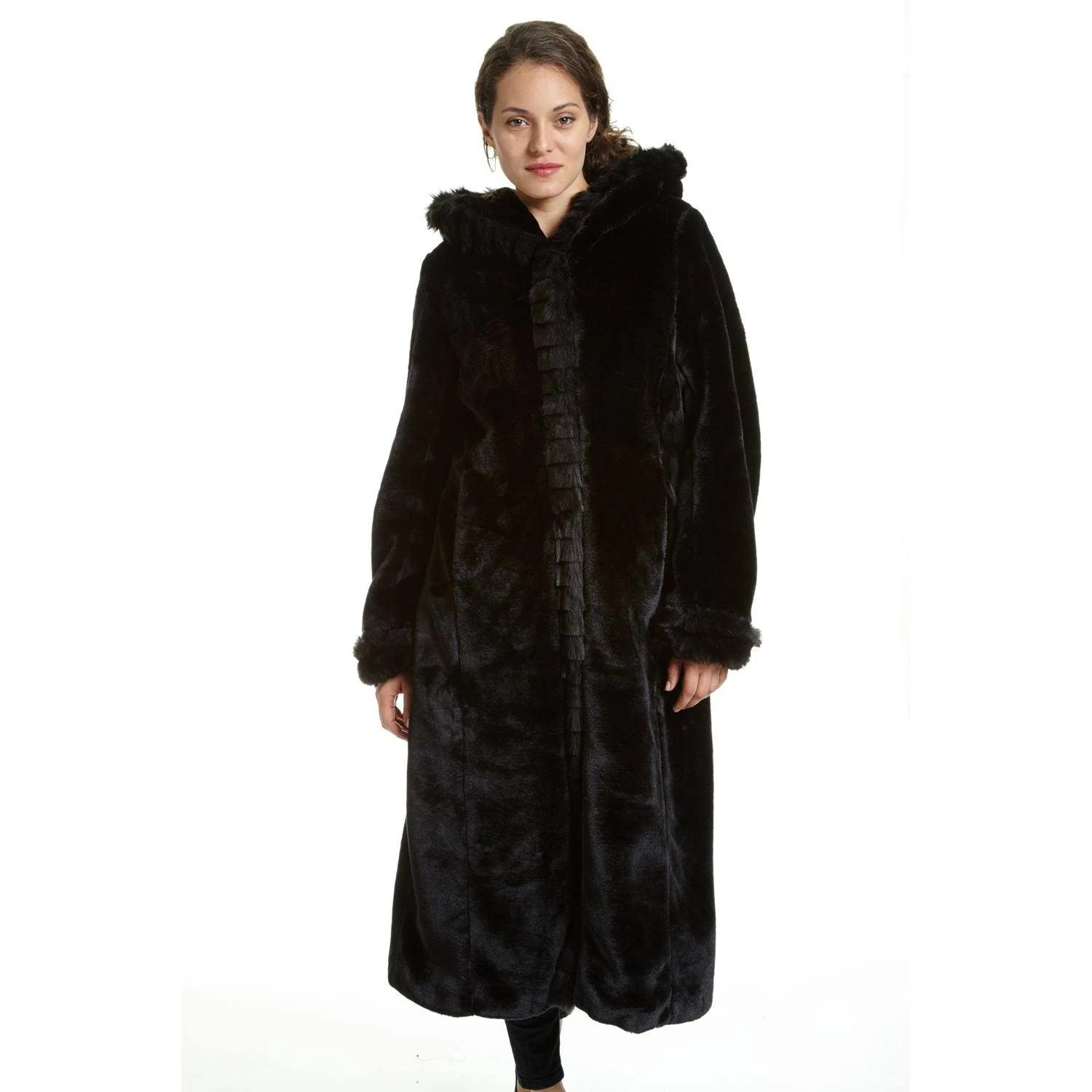 Chic Women's Full Length Faux Fur Coat with Hood | Image