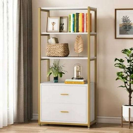 tribesigns-bookcase-4-tier-bookshelf-with-2-drawers-for-home-office-gold-white-1