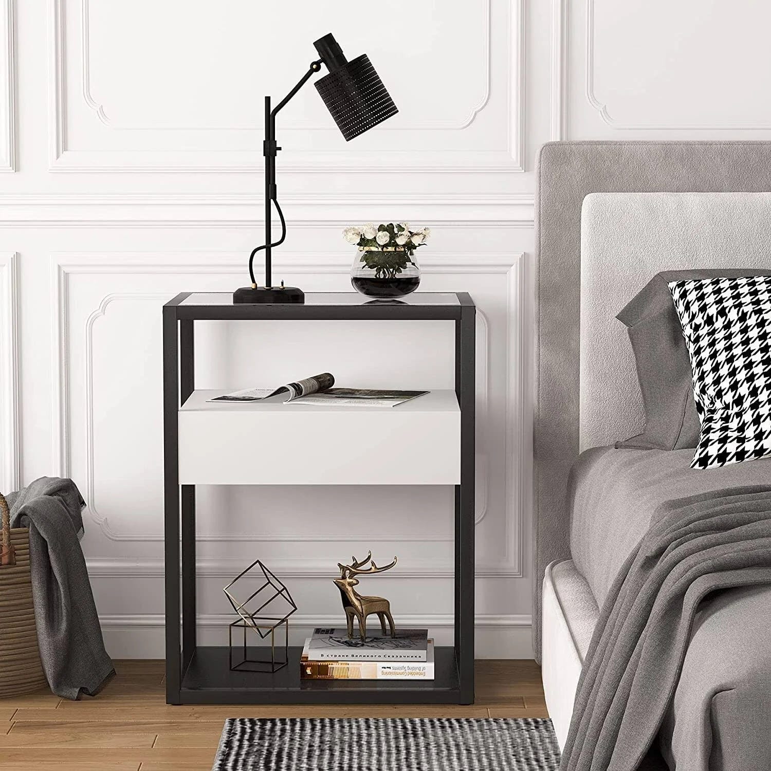 Black and White Glass Top Nightstand with Drawer | Image