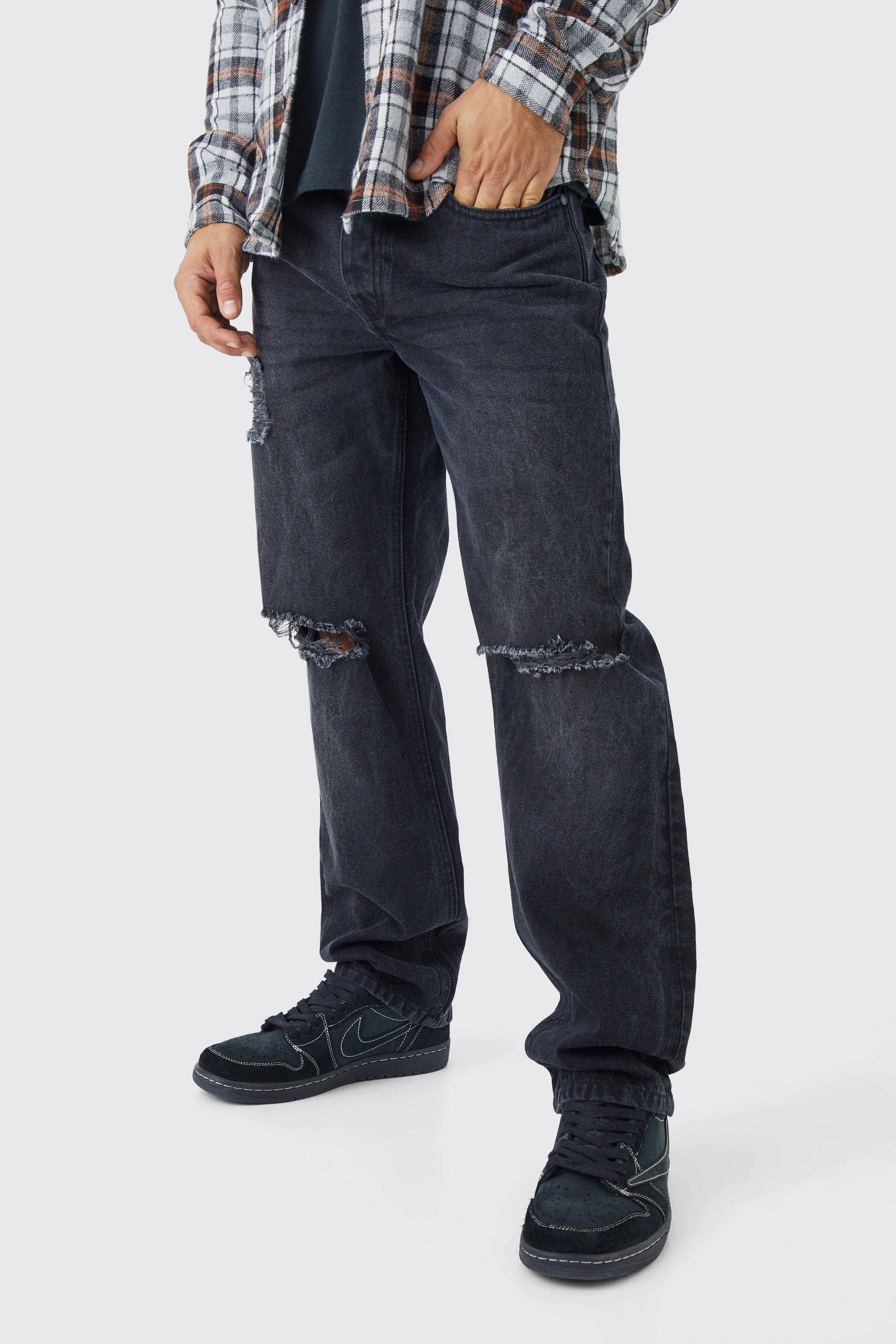 Black Relaxed Fit Rip & Repair Jeans by boohooMAN | Image