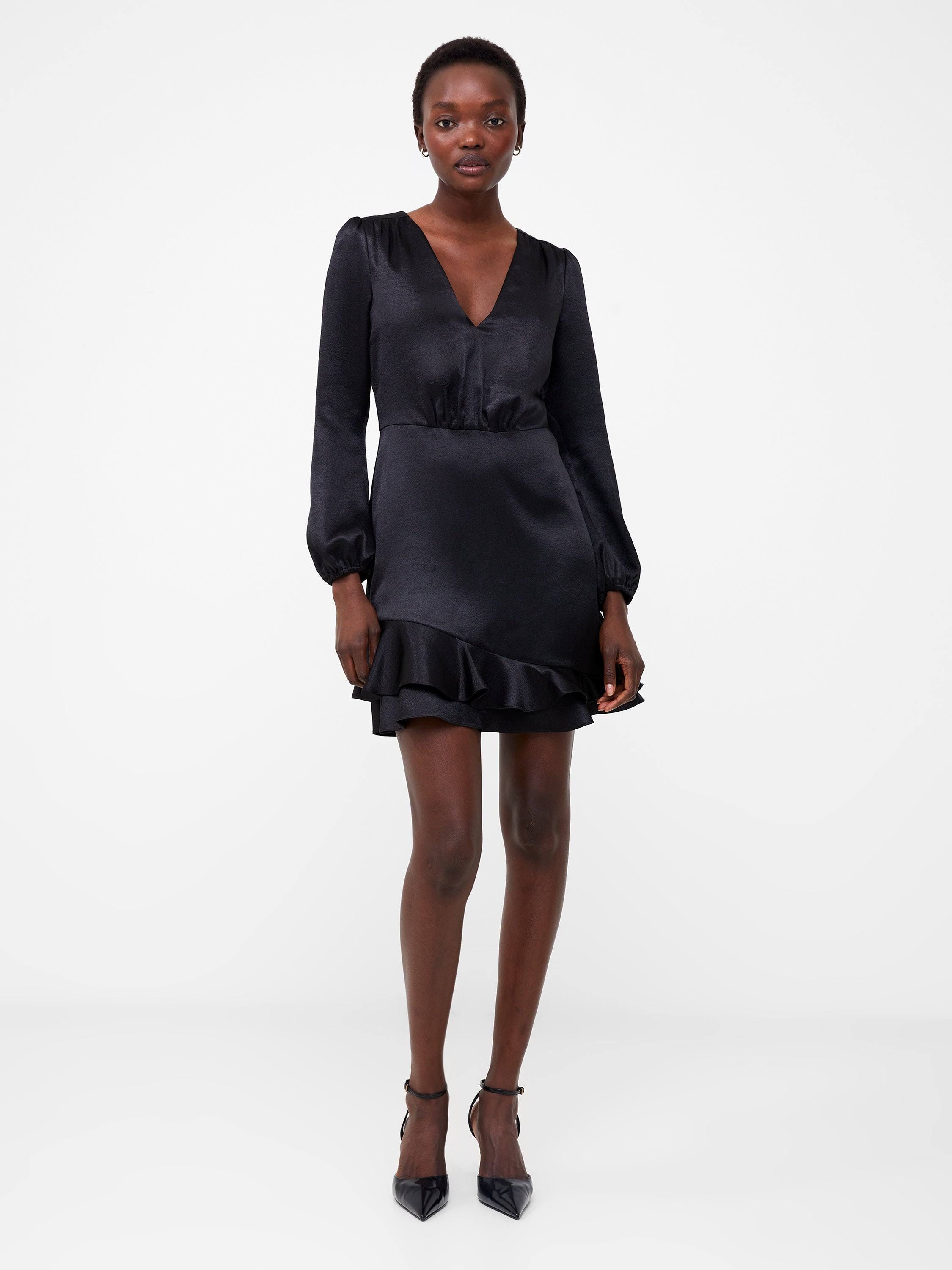 Elegant Black Satin Ruffle Mini Dress by Denney for French Connection | Image