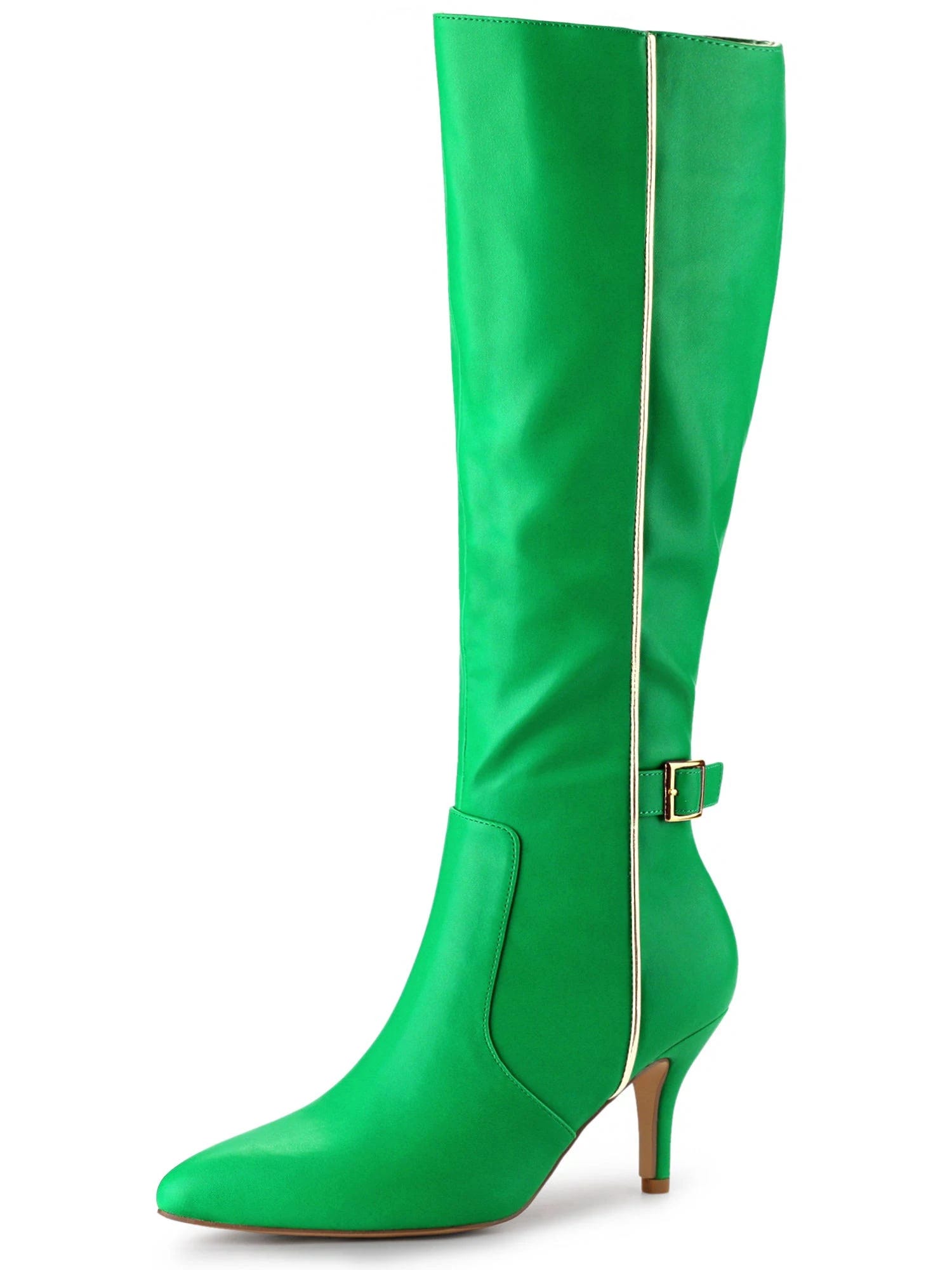 Knee-High Green Stiletto Boots with Side Buckles | Image