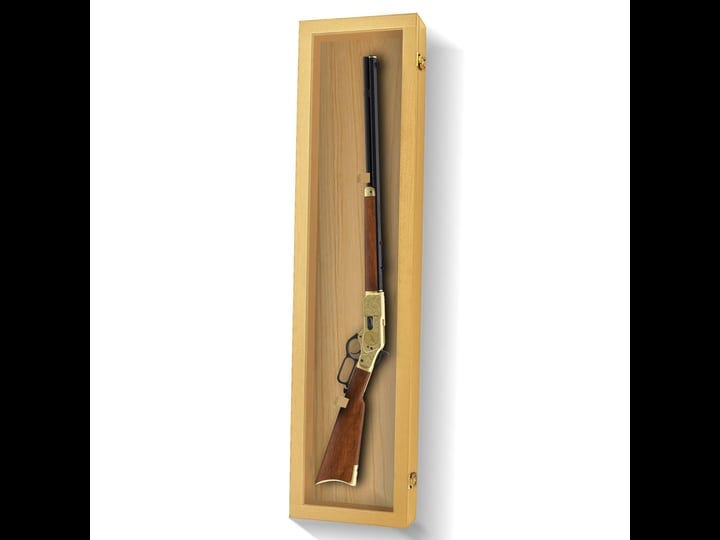 pennzoni-rifle-gun-display-case-clear-acrylic-hardwood-cabinet-golden-oak-no-felt-1