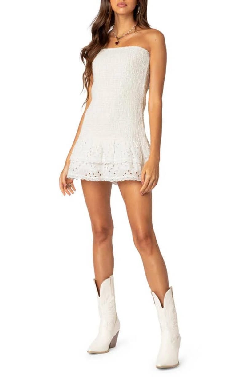 Chic Strapless White Cotton Dress with Tiered Ruffle Skirt | Image