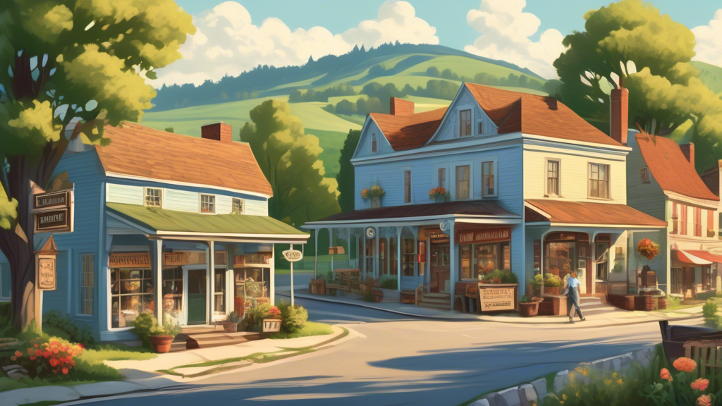 Create an image of a picturesque small town with quaint, charming houses, a cozy main street lined with locally owned shops, a vintage general store, and community members engaging in friendly conversation. Include a beautiful countryside backdrop featuring rolling hills, lush green fields, and a serene blue sky. Capture the essence of Gillett’s welcoming, nostalgic atmosphere.