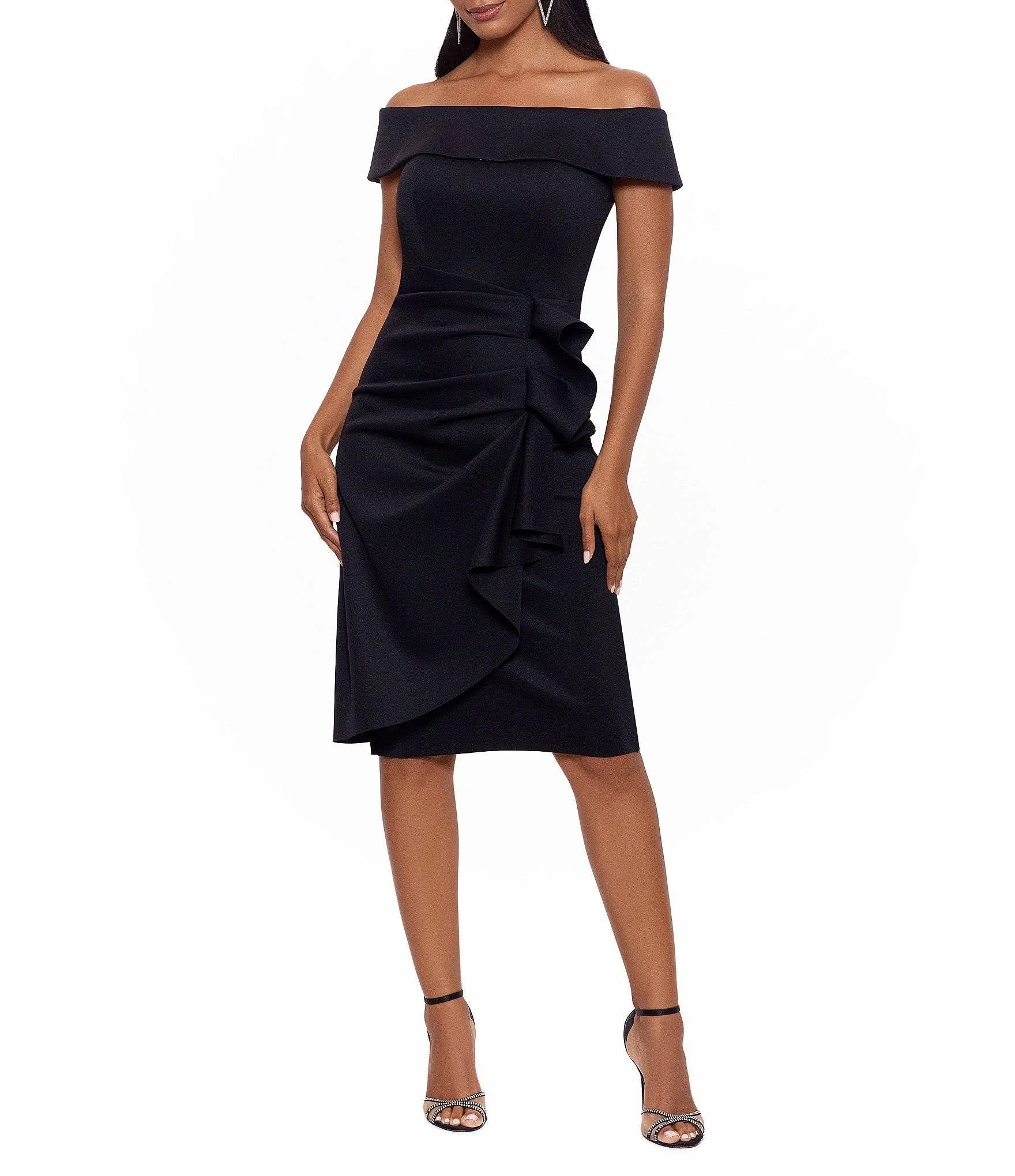 Xscape Women's Ruffled Off-Shoulder Bodycon Dress in Charcoal | Image