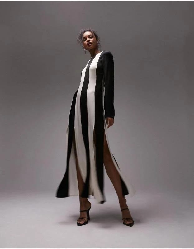Stylish Black Satin Maxi Dress with Long Sleeves | Image
